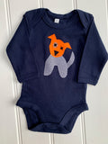 Baby Dog Babygrow - nautical blue babygrow with applique dog on front with orange head, blue and cream stripy body, black eye detail. isabee.co.uk