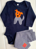 Baby Dog Babygrow - nautical blue babygrow with applique dog on front with orange head, blue and cream stripy body, black eye detail. isabee.co.uk