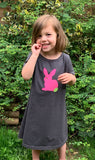 Baby Rabbit Dress - soft cotton jersey dress in fine stripe grey  for babies with hand applique rabbit on the front - isabee.co.uk