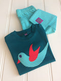 Stripy leggings in Turquoise and Green for babies and kids with Baby Bird t-shirt- soft cotton jersey - with organic cotton Baby Bird t-shirt in teal - isabee.co.uk