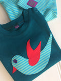 Baby Bird - teal coloured organic cotton t-shirt for babies with hand applique bird - isabee.co.uk