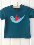 Baby Bird - teal coloured organic cotton t-shirt for babies with hand applique bird - isabee.co.uk