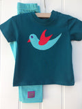 Baby Bird - teal coloured organic cotton t-shirt for babies with hand applique bird - isabee.co.uk