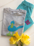 Baby Duck t-shirt for ages 3-24 months - grey melange - and Stripy Leggings in Turquoise and Green - isabee.co.uk
