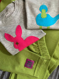 Stripy leggings in Fine Stripe Green with Baby Rabbit T-shirt and Baby Duck T-shirt - isabee.co.uk