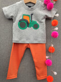 Stripy leggings in Orange for kids and babies - shown with Baby Tractor t-shirt - isabee.co.uk