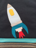 Stripy leggings in Navy & Cream and Turquoise &  Green for kids and babies shown with Rocket t-shirt - isabee.co.uk