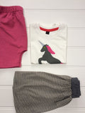 Isabee Unicorn T-shirt - cream 100% cotton top for girls shown with Isabee grey and cream cotton jersey skirt and Isabee pink leggings