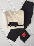 Natural white organic cotton t-shirt (folded) on top of a pair of soft cotton leggings in fine grey stripe. The t-shirt has a hand applique mouse on the front made of fine stripe grey cotton melange, with black eye, ears and tail. The leggings have an elasticated waist and Isabee orange and pink label at ankle level. Designed and hand made in the Isabee London studio. T-shirt available in four sizes for babies (3 -24 months), leggings available for ages 3 months to 5 years.