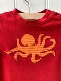 Octopus T-shirt for babies - organic cotton red coloured t-shirt with hand sewn stripy orange octopus on the front with orange eye detail - isabee.co.uk