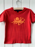Octopus T-shirt for kids - organic cotton red coloured t-shirt with hand sewn stripy orange octopus on the front with orange eye detail - isabee.co.uk