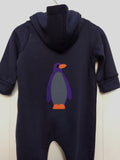 Baby Penguin - all-in-one - navy blue, 80% organic cotton onesie with hood for babies with hand applique penguin on back and fish on the front - isabee.co.uk