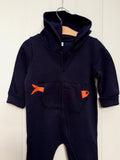 Baby Penguin - all-in-one - navy blue, 80% organic cotton onesie with hood for babies with hand applique penguin on back and fish on the front - isabee.co.uk