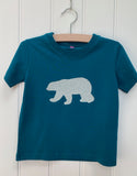 Polar Bear T-shirt for kids - organic cotton teal coloured t-shirt with hand sewn green melange polar bear on the front - isabee.co.uk