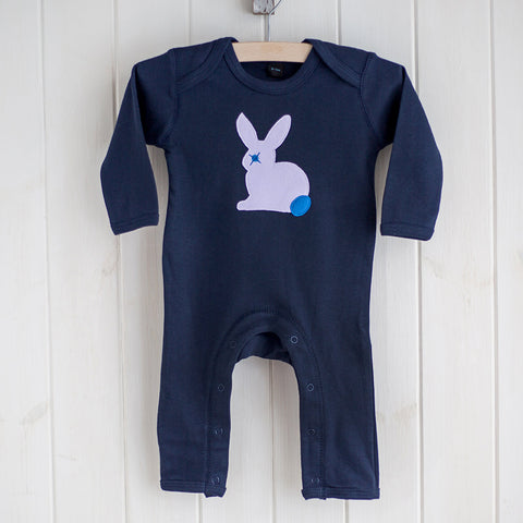 Baby Rabbit Applique Sleepsuit - lavender on blue