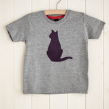 Grey melange children's short sleeved t-shirt featuring an aubergine coloured cat design. Cat is sitting upright. Displayed on a white panelled background. - isabee.co.uk