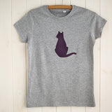 Grey melange fitted women's t-shirt featuring an aubergine coloured cat design. Cat is sitting upright and looking aloof. - isabee.co.uk