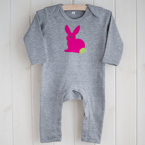 Baby Rabbit Applique Sleepsuit - bright pink on grey melange
