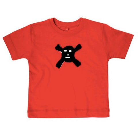 Red organic cotton T-shirt with a fearsome black scull and cross bones. T-shirt against a white background. - isabee.co.uk