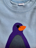 Long sleeved baby blue organic cotton t-shirt for babies with applique penguin on the front - isabee