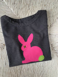 Rabbit Dress - soft cotton jersey dress in fine stripe grey for kids with hand applique rabbit on the front - isabee.co.uk
