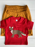 Baby Fox organic cotton T-shirt in red with hand applique fox on the front and soft jersey cotton shorts in fine stripe yellow - isabee.co.uk