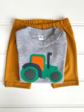 Baby Tractor organic cotton T-shirt in grey melange with applique tractor on the front and soft jersey cotton shorts in fine stripe yellow - isabee.co.uk