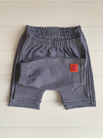 Baby shorts in fine stripe blue - soft jersey cotton.  Designed to be worn over a nappy. isabee.co.uk