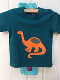 Stripy leggings in Turquoise and Green for babies and kids - soft cotton jersey with Baby Dinosaur organic cotton teal coloured t-shirt - isabee.co.uk