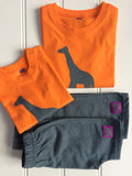 Baby Giraffe - orange organic cotton t-shirt for babies with grey giraffe shown with ocean blue shorts for babies - isabee.co.uk                                                                     hand applique grey giraffe - isabee.co.uk