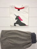 Isabee Unicorn T-shirt - cream 100% cotton top for girls shown with grey and cream cotton jersey skirt