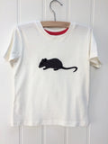 Natural white organic cotton, short-sleeved t-shirt on a hanger with a hand applique mouse on the front. The mouse is made of fine stripe grey cotton melange, with black eye, ears and tail. The inside neck has a stylish red trim. Designed and hand made in the Isabee London studio. Available in two sizes for kids (2-5 years of age).  Baby Mouse is available for age 3-24 months.