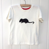 Natural white organic cotton, short-sleeved t-shirt on a hanger with a hand applique mouse on the front. The mouse is made of fine stripe grey cotton melange, with black eye, ears and tail. The inside neck has a stylish red trim. Designed and hand made in the Isabee London studio. Available in two sizes for kids (2-5 years of age). Baby Mouse is available for age 3-24 months.