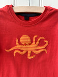 Octopus T-shirt for kids - organic cotton red coloured t-shirt with hand sewn stripy orange octopus on the front with orange eye detail - isabee.co.uk