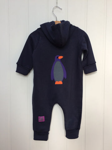 Baby Penguin - all-in-one - navy blue, 80% organic cotton onesie with hood for babies with hand applique penguin on back and fish on the front - isabee.co.uk