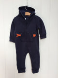 Baby Penguin - all-in-one - navy blue, 80% organic cotton onesie with hood for babies with hand applique penguin on back and fish on the front - isabee.co.uk