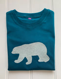 Polar Bear T-shirt for kids - organic cotton teal coloured t-shirt with hand sewn green melange polar bear on the front - isabee.co.uk