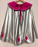 Queen Cape is a full-circle silver cape for kids  with fuchsia wool felt collar and diamond detail at the hem and fuchsia velvet ribbon neck tie. - isabee.co.uk