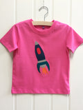 Rocket - bubblegum pink organic cotton t-shirt for kids with hand applique rocket - isabee.co.uk