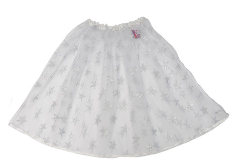 Silver tulle shirt with metallic silver stars and silver satin trim at the waist and hem. Easy wear elasticated waist. Available in two sizes for kids - short (ages 3.5 + years/ 43cm length) and long (ages 6+ years/ 60cm length). A perfect addition to the dressing-up box. Also available in Gold and Red. Handmade in the UK by Isabee.