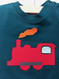 100% organic cotton baby t-shirt top in teal with red applique train and orange steam. Handmade by Isabee.co.uk