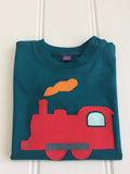 100% organic cotton baby t-shirt top in teal with red applique train and orange steam. Handmade by Isabee.co.uk