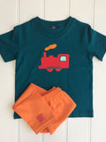 Isabee Train t-shirt (Teal) with pumpkin orange stripy leggings
