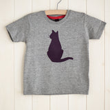 Grey melange children's short sleeved t-shirt featuring an aubergine coloured cat design. Cat is sitting upright. Displayed on a white panelled background. - isabee.co.uk 