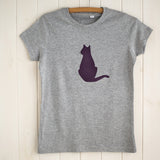 Grey melange fitted women's t-shirt featuring an aubergine coloured cat design. Cat is sitting upright and looking aloof. - isabee.co.uk 