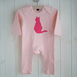 Baby Cat Applique Sleepsuit - coral on pink