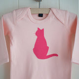Baby Cat Applique Sleepsuit - coral on pink