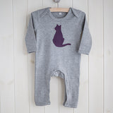 Baby Cat Applique Sleepsuit - aubergine on grey melange
