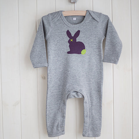 Baby Rabbit Applique Sleepsuit -aubergine on grey melange