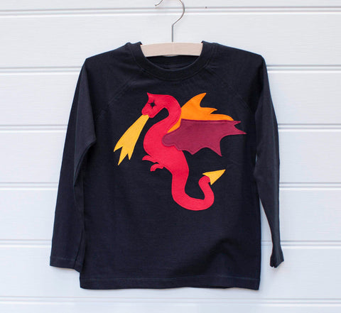 Black, long-sleeved, cotton T-shirt. T-shirt features a Red Appliqué Dragon with fiery red, orange and yellow details. - isabee.co.uk